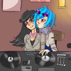 Size: 600x600 | Tagged: safe, artist:saltylenpai, imported from derpibooru, dj pon-3, octavia melody, vinyl scratch, human, blushing, bowtie, female, glasses, humanized, lesbian, one eye closed, scratchtavia, shipping, turntable