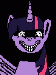 Size: 1536x2048 | Tagged: safe, alternate version, artist:enterusxrname, imported from derpibooru, twilight sparkle, alicorn, pony, black background, creepy, creepy smile, dark, edgy, evil, evil grin, grin, insanity, now you fucked up, pixel art, simple background, smiling, solo, twilight snapple, twilight sparkle (alicorn), xk-class end-of-the-world scenario