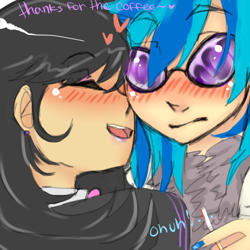 Size: 600x600 | Tagged: safe, artist:saltylenpai, imported from derpibooru, dj pon-3, octavia melody, vinyl scratch, human, blushing, bowtie, female, glasses, heart, humanized, lesbian, scratchtavia, shipping