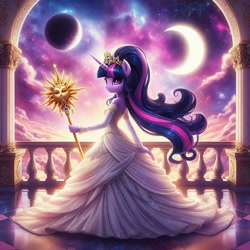 Size: 1024x1024 | Tagged: safe, imported from derpibooru, twilight sparkle, alicorn, anthro, ai content, ai generated, empress, generator:bing image creator, generator:dall-e 3, prompter:mysticsunrise87, smiling, staff, twilight sparkle (alicorn)