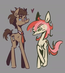 Size: 1815x2042 | Tagged: safe, artist:ubiquitousdeer, imported from derpibooru, doctor whooves, roseluck, time turner, earth pony, pony, doctorrose, duo, ear piercing, earring, female, glasses, gray background, jewelry, male, mare, necktie, piercing, shipping, simple background, stallion, straight