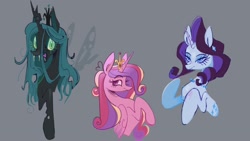 Size: 2048x1152 | Tagged: safe, artist:ubiquitousdeer, imported from derpibooru, princess cadance, queen chrysalis, rarity, alicorn, changeling, changeling queen, pony, unicorn, fangs, female, gray background, horn, jewelry, mare, necklace, regalia, simple background