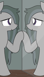 Size: 474x828 | Tagged: safe, artist:castafae, imported from derpibooru, marble pie, earth pony, blushing, female, hair over one eye, mare, messy mane, mirror, raised hoof, smiling, solo