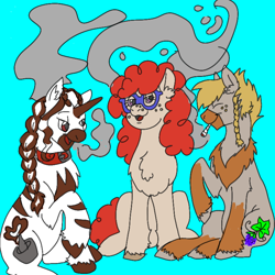 Size: 754x754 | Tagged: artist needed, source needed, safe, imported from derpibooru, twist, oc, earth pony, pony, zebra, zebracorn, blue background, blunt, braid, braided ponytail, chest fluff, coat markings, colored hooves, colored muzzle, cyan background, drugs, ear fluff, eyes closed, freckles, joint, leg markings, lidded eyes, marijuana, oc name needed, open mouth, open smile, ponytail, simple background, sitting, smiling, smoke, smoking, socks (coat markings), stoner twist, stripes, trio, twist con, unshorn fetlocks