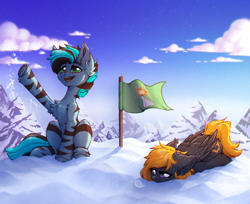 Size: 3000x2444 | Tagged: safe, artist:viryav, imported from derpibooru, oc, oc only, pegasus, pony, zebra, big eyes, blush lines, blushing, cloud, complex background, female, flag, fluffy, folded wings, happy, looking away, lying down, male, male oc, mare, mountain, sky, smiling, snow, snowfall, snowflake, sparkles, stallion, tired, tired eyes, wings, winning