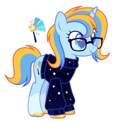 Size: 1404x1430 | Tagged: safe, artist:donquani, imported from derpibooru, oc, oc only, oc:leger demain, pony, unicorn, base used, blue coat, clothes, cutie mark, glasses, horn, simple background, smiling, solo, sweater, transparent background, unicorn oc