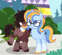 Size: 2522x2250 | Tagged: safe, artist:cosmichorrawr, imported from derpibooru, oc, oc only, pegasus, pony, unicorn, base used, brown coat, duo, glasses, hooves, horn, pegasus oc, unicorn oc, wings