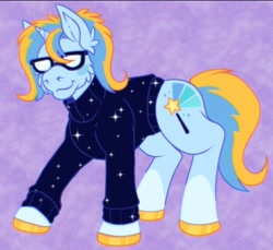 Size: 1080x988 | Tagged: safe, artist:basstenpole, imported from derpibooru, oc, oc only, oc:leger demain, pony, blue mane, clothes, colored hooves, female, glasses, gold hooves, hooves, mare, purple background, simple background, smiling, solo, sweater, tail, two toned mane, two toned tail, yellow mane