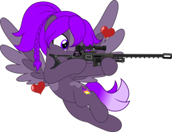 Size: 6515x5000 | Tagged: safe, artist:jhayarr23, imported from derpibooru, oc, oc only, oc:violet flame, pegasus, fallout equestria, blaze (coat marking), coat markings, commission, commissioner:solar aura, facial markings, gradient tail, gun, pegasus oc, ponytail, rifle, simple background, sniper, sniper rifle, solo, tail, transparent background, weapon, wings