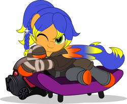 Size: 6088x5000 | Tagged: safe, artist:jhayarr23, imported from derpibooru, oc, oc only, oc:solar aura, pegasus, fallout equestria, armor, braid, colored wings, commission, commissioner:solar aura, couch, gradient hooves, gradient wings, helmet, ncr ranger, one eye closed, one eye open, pegasus oc, ponytail, ranger, simple background, solo, transparent background, wings, wink