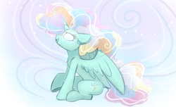 Size: 1280x777 | Tagged: safe, artist:lbrcloud, imported from derpibooru, oc, oc only, alicorn, pony, alicorn oc, ethereal mane, female, glowing, glowing eyes, horn, looking up, mare, open mouth, open smile, sitting, smiling, solo, wings