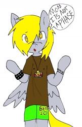 Size: 1084x1675 | Tagged: safe, artist:poniesinmyhead, imported from derpibooru, derpy hooves, pegasus, pony, semi-anthro, ben 10, clothes, domo, english, female, mare, shirt, simple background, solo, white background