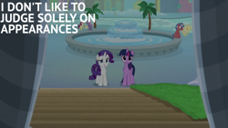 Size: 2000x1125 | Tagged: safe, edit, edited screencap, editor:quoterific, imported from derpibooru, screencap, rarity, twilight sparkle, friendship university, fountain, magic, newspaper, palm tree, sitting, stairs, telekinesis, tree, water