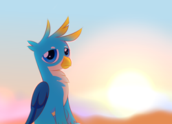 Size: 1830x1321 | Tagged: safe, artist:lanlanlc, derpibooru exclusive, imported from derpibooru, gallus, griffon, folded wings, male, morning, sunlight, sunrise, wings