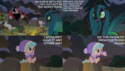 Size: 2000x1125 | Tagged: safe, edit, edited screencap, editor:quoterific, imported from derpibooru, screencap, cozy glow, lord tirek, queen chrysalis, frenemies (episode), campfire, tree stump