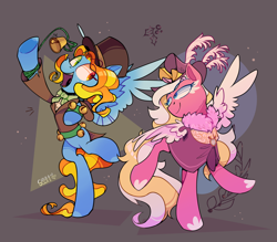 Size: 3598x3147 | Tagged: safe, artist:singingsun, imported from derpibooru, oc, oc only, oc:singing sun, pegasus, pony, abstract background, clothes, duo, duo female, female, full body, looking at each other, looking at someone, pegasus oc, spread wings, wings