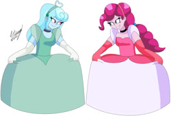 Size: 1280x869 | Tagged: safe, artist:denisseguadiana, imported from derpibooru, pinkie pie, oc, oc:jemimasparkle, human, equestria girls, alternate hairstyle, breasts, busty pinkie pie, canon x oc, choker, cinderella, clothes, curtsey, cute, diapinkes, dress, duo, female, gown, grin, hairband, lesbian, looking at each other, looking at someone, poofy shoulders, simple background, smiling, smiling at each other, white background