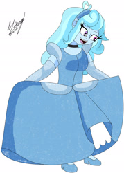 Size: 1280x1784 | Tagged: safe, artist:denisseguadiana, imported from derpibooru, oc, oc only, oc:jemimasparkle, human, equestria girls, breasts, choker, cinderella, clothes, curtsey, cute, dress, evening gloves, female, glass slipper (footwear), gloves, gown, hairband, long gloves, open mouth, open smile, petticoat, poofy shoulders, simple background, smiling, solo, white background