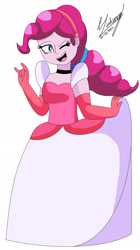 Size: 1280x2278 | Tagged: safe, artist:denisseguadiana, imported from derpibooru, pinkie pie, human, equestria girls, alternate hairstyle, breasts, busty pinkie pie, choker, cinderella, clothes, curtsey, cute, diapinkes, dress, evening gloves, female, gloves, gown, hairband, long gloves, looking at you, one eye closed, open mouth, open smile, poofy shoulders, simple background, smiling, smiling at you, solo, white background, wink