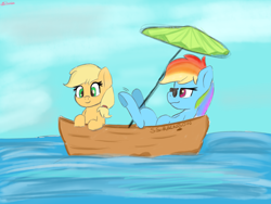 Size: 2000x1500 | Tagged: safe, artist:bazza, imported from derpibooru, applejack, rainbow dash, boat, cloud, crossed legs, cute, emanata, green eyes, hair tie, happy, jackabetes, leaning forward, lidded eyes, magenta eyes, multicolored hair, ocean, paint tool sai, rainbow hair, relaxed, relaxing, signature, simple background, simple shading, sky, smiling, smirk, sunglasses, umbrella, underhoof, water