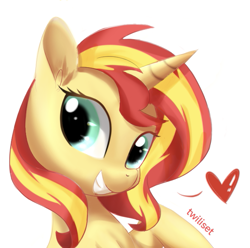 Size: 647x641 | Tagged: safe, artist:twiliset, imported from derpibooru, sunset shimmer, pony, unicorn, equestria girls, cute, gritted teeth, happy, heart, horn, looking at you, simple background, solo, teeth, white background