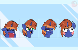 Size: 3600x2324 | Tagged: safe, artist:joaothejohn, imported from derpibooru, oc, oc:vine patch, pony, unicorn, blushing, bruh, commission, cute, emoji, emotes, expressions, heart, horn, lidded eyes, male, multicolored hair, open mouth, poggers, shy, smiling, solo, unicorn oc, ych result