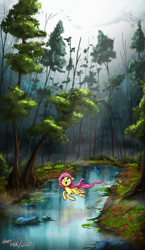 Size: 2811x4859 | Tagged: safe, artist:user-fox, imported from derpibooru, fluttershy, bird, pegasus, pony, cloud, cloudy, cute, eyes open, female, floppy ears, flower, forest, grass, mare, nature, open mouth, open smile, river, scenery, smiling, solo, spread wings, tree, water, wings