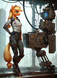 Size: 1024x1408 | Tagged: safe, imported from derpibooru, applejack, anthro, unguligrade anthro, ai content, ai generated, breasts, busty applejack, cybernetic arm, cybernetic eyes, cybernetic legs, cyberpunk, female, generator:pony diffusion v6 xl, generator:stable diffusion, prompter:star-dragon, solo