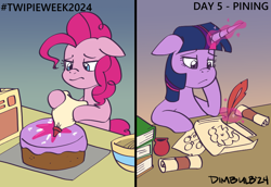 Size: 1052x724 | Tagged: safe, artist:dimbulb, imported from derpibooru, pinkie pie, twilight sparkle, earth pony, pony, unicorn, book, cake, drawing, female, floppy ears, food, frosting, gradient background, horn, icing bag, inkwell, lesbian, levitation, magic, paper, quill, sad, scroll, shipping, telekinesis, twinkie, unicorn twilight