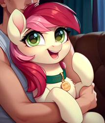 Size: 3429x4000 | Tagged: safe, imported from derpibooru, roseluck, earth pony, human, pony, ai content, ai generated, behaving like a cat, cute, duo, female, generator:pony diffusion v6 xl, generator:stable diffusion, holding a pony, human male, male, mare, movie accurate, open mouth, open smile, pet tag, pony pet, prompter:midnight dashie, rosepet, show accurate, smiling