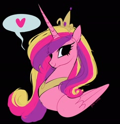 Size: 1987x2048 | Tagged: safe, artist:petaltwinkle, imported from derpibooru, princess cadance, alicorn, pony, black background, colored sketch, crown, curly mane, eyelashes, female, folded wings, horn, jewelry, long horn, long mane, looking back, mare, multicolored mane, no catchlights, peytral, pink coat, regalia, simple background, sketch, smiling, solo, speech bubble, tiara, unicorn horn, wings