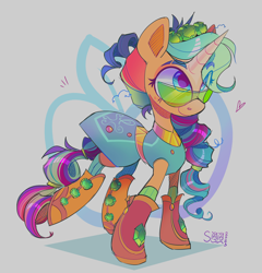 Size: 3004x3133 | Tagged: safe, artist:singingsun, imported from derpibooru, oc, oc only, pony, unicorn, abstract background, clothes, female, full body, horn, solo, unicorn oc