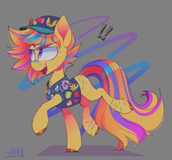 Size: 2807x2606 | Tagged: safe, artist:singingsun, imported from derpibooru, oc, oc only, earth pony, pony, abstract background, cap, clothes, female, full body, hat, raised hoof, solo