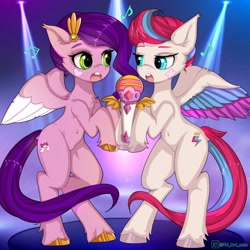 Size: 3000x3000 | Tagged: safe, artist:fd, imported from derpibooru, pipp petals, zipp storm, pegasus, semi-anthro, belly, belly button, bipedal, duet, duo, duo female, female, g5, human shoulders, humanoid torso, leg hold, looking at each other, looking at someone, microphone, royal sisters (g5), siblings, singing, sisters, skinny pipp, small wings, wings