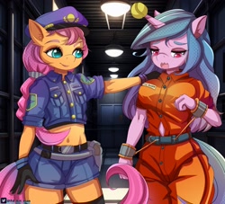 Size: 3300x3000 | Tagged: safe, artist:fd, imported from derpibooru, izzy moonbow, sunny starscout, anthro, earth pony, unicorn, ball, belly button, clothes, commissioner:rainbowdash69, cuffs, g5, gloves, horn, hornball, izzy's tennis ball, jumpsuit, midriff, never doubt rainbowdash69's involvement, police uniform, prison, prison guard, prison outfit, prisoner im, tennis ball