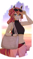 Size: 2378x4233 | Tagged: safe, artist:deeemperor, imported from derpibooru, sunset shimmer, human, equestria girls, bag, beach, belly button, bikini, bikini bottom, bikini top, city, cityscape, clothes, cute, ear piercing, eared humanization, earring, female, four ears, handbag, humanized, jewelry, midriff, open mouth, piercing, see-through, shimmerbetes, skirt, solo, sunglasses, sunglasses on head, swimsuit