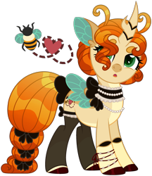 Size: 2184x2525 | Tagged: safe, artist:strawberry-spritz, imported from derpibooru, oc, oc only, bee pony, changepony, hybrid, original species, bow, choker, clothes, female, interspecies offspring, magical lesbian spawn, mare, offspring, parent:fluttershy, parent:queen chrysalis, parents:chrysashy, simple background, socks, solo, tail, tail bow, transparent background