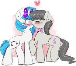 Size: 859x754 | Tagged: safe, artist:saltylenpai, imported from derpibooru, dj pon-3, octavia melody, vinyl scratch, earth pony, pony, unicorn, blushing, bowtie, concave belly, duo, duo female, eyes closed, female, heart, horn, kiss on the lips, kissing, lesbian, mare, raised hoof, raised leg, scratchtavia, shipping, simple background, tail, white background