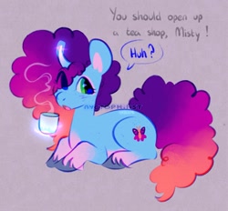 Size: 1735x1607 | Tagged: safe, artist:nyctophilist, derpibooru exclusive, imported from derpibooru, pony, unicorn, afro mane, blue coat, confused, cornrows, cup, female, fluffy mane, g5, glowing, glowing horn, gradient mane, green eyes, horn, lying down, magic, mare, misty brightdawn, purple mane, rebirth misty, solo, steam, teacup