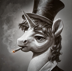 Size: 843x840 | Tagged: safe, imported from derpibooru, unicorn, art pack:photo from equestria, ai content, ai generated, cigarette, clothes, generator:pony diffusion v6 xl, generator:stable diffusion, hat, horn, jacket, male, monochrome, prompter:radioglitch, smoking, top hat