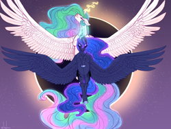 Size: 1600x1200 | Tagged: safe, artist:snowberry, imported from derpibooru, princess celestia, princess luna, alicorn, pony, 2024 solar eclipse, alicorn eclipse, belly, curved horn, duo, eclipse, ethereal mane, eyes closed, female, floppy ears, flying, front view, horn, luna eclipsing celestia, magic, mare, moon, realistic horse legs, royal sisters, siblings, sisters, sky, smiling, sparkles, spread wings, sun, wings