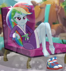 Size: 1000x1078 | Tagged: safe, artist:emeraldblast63, imported from derpibooru, rainbow dash, equestria girls, barefoot, feet, solo, sunlight, toenails, water