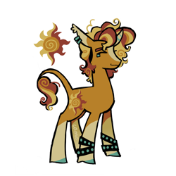 Size: 900x900 | Tagged: safe, artist:camo_ty, imported from derpibooru, sunset shimmer, pony, unicorn, alternate color palette, alternate design, alternate hairstyle, alternate tailstyle, blaze (coat marking), coat markings, colored eartips, colored eyebrows, colored hooves, colored horn, curly mane, curly tail, curved horn, ear piercing, ear tufts, earring, facial markings, female, horn, jewelry, leonine tail, looking back, mare, multicolored mane, multicolored tail, no catchlights, orange coat, piercing, profile, redesign, short mane, short tail, signature, simple background, socks (coat markings), solo, standing, striped horn, studded bracelet, tail, teal eyes, white background