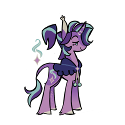 Size: 900x900 | Tagged: safe, artist:camo_ty, imported from derpibooru, starlight glimmer, pony, unicorn, alternate design, alternate eye color, alternate hairstyle, alternate tailstyle, blaze (coat marking), blushing, cape, clothes, coat markings, colored eartips, colored hooves, colored horn, curved horn, ear tufts, eyebrows, facial markings, female, fetlock tuft, horn, leonine tail, lidded eyes, mare, ponytail, profile, purple coat, raised eyebrow, signature, simple background, smiling, solo, standing, striped horn, tail, teal eyes, tied mane, two toned mane, two toned tail, white background