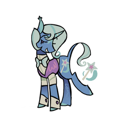 Size: 900x900 | Tagged: safe, artist:camo_ty, imported from derpibooru, trixie, pony, unicorn, alternate design, alternate hairstyle, alternate tailstyle, blue coat, blue mane, blue tail, blushing, bowtie, clothes, coat markings, colored eartips, colored hooves, colored horn, curved horn, detached sleeves, ear tufts, eyelashes, facial markings, female, horn, leonine tail, lidded eyes, mare, purple eyes, raised eyebrows, raised leg, redesign, shirt, short mane, short tail, signature, simple background, smiling, solo, star (coat marking), striped horn, tail, turned head, vest, wavy mane, wavy tail, white background