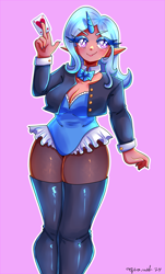 Size: 2275x3767 | Tagged: safe, artist:mylittleyuri, imported from derpibooru, trixie, human, blushing, boots, bowtie, card, clothes, corset, cute, diatrixes, elf ears, eyeshadow, female, fishnets, heart, heart eyes, horn, horned humanization, humanized, jacket, leather, leather jacket, makeup, nail polish, pink background, playing card, shoes, simple background, socks, solo, stockings, thigh boots, thigh highs, wingding eyes