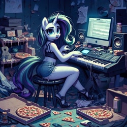 Size: 1024x1024 | Tagged: safe, imported from derpibooru, oc, oc only, anthro, unicorn, ai content, ai generated, anthro oc, clothes, computer, cute, daisy dukes, dark room, denim, denim shorts, female, food, grease, high heels, horn, keyboard, looking at you, looking back, looking back at you, messy, monitor, musical instrument, not rarity, open mouth, pizza, pizza box, prompter:horselover fat, rear view, shelves, shoes, shorts, side view, sitting, solo, speaker, stool, surprised, synthesizer, tanktop, unicorn oc