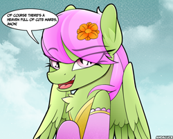 Size: 2100x1677 | Tagged: safe, artist:andaluce, imported from derpibooru, merry may, pegasus, bronybait, chest fluff, clothes, cloud, dress, eyebrows, eyebrows visible through hair, female, flower, flower in hair, looking at you, mare, partially open wings, socks, solo, speech bubble, talking to viewer, wings