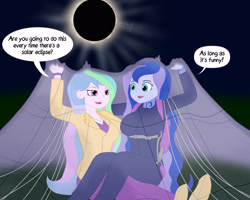 Size: 2850x2280 | Tagged: safe, artist:phallen1, imported from derpibooru, princess celestia, princess luna, human, equestria girls, clothes, covering, dialogue, eclipse, female, jumpsuit, parachute, principal celestia, pun, sitting on lap, sitting on person, solar eclipse, sun, vice principal luna, visual pun