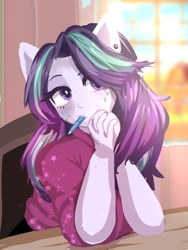 Size: 768x1024 | Tagged: safe, artist:peanutfrogy, imported from derpibooru, starlight glimmer, anthro, human, equestria girls, chair, classroom, clothes, crepuscular rays, cute, desk, ear piercing, earring, explosion, female, glimmerbetes, hair over one eye, humanized, imminent death, impending doom, jewelry, meme, pen, pen in mouth, piercing, ponied up, scary, schoolgirl, shirt, star explosion, sun explision, sunlight, thinking, this is fine, vulgar description, window